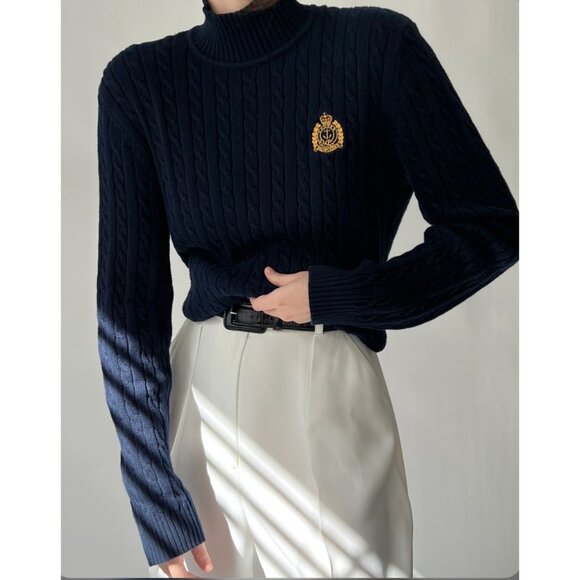 Ralph Lauren Sweaters - Ralph Lauren Navy Cable Knit Turtleneck Sweater with Gold Crest
